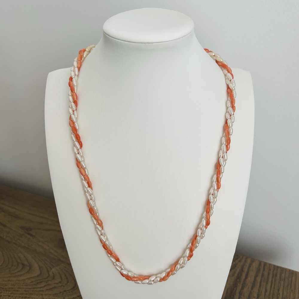 Vintage Salmon Angel Skin Coral Bead Cultured Pearls Necklace 3 strands Long 22"
